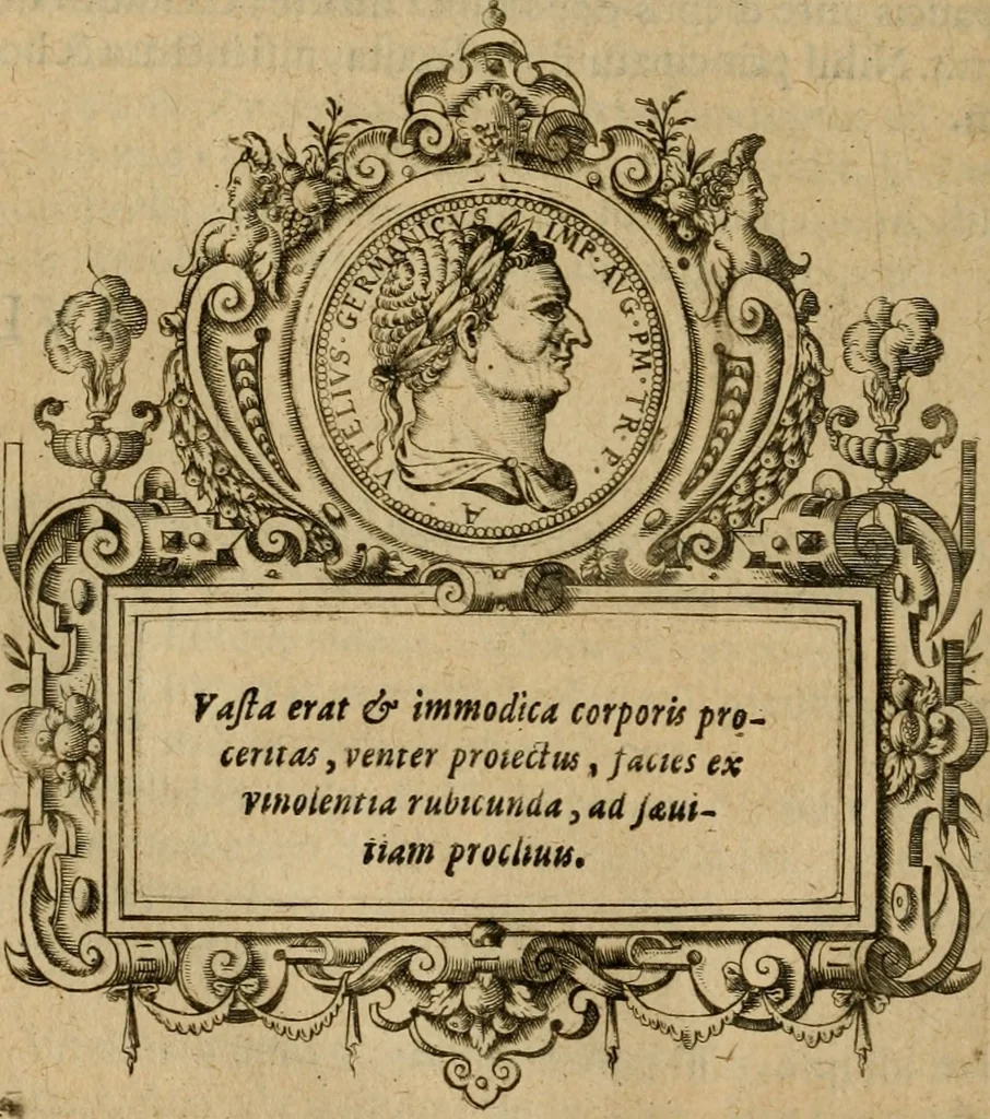 An illustration from XII. primorvm Caesarvm et LXIIII ipsorvm vxorvm et parentum ex antiquis numismatibus, in aere incisae, effigies : atque eorundem earundemque vitae & res gestae, ex varijs authoribus collectae per Levinvm Hvlsivm .., 1597, leaf 169