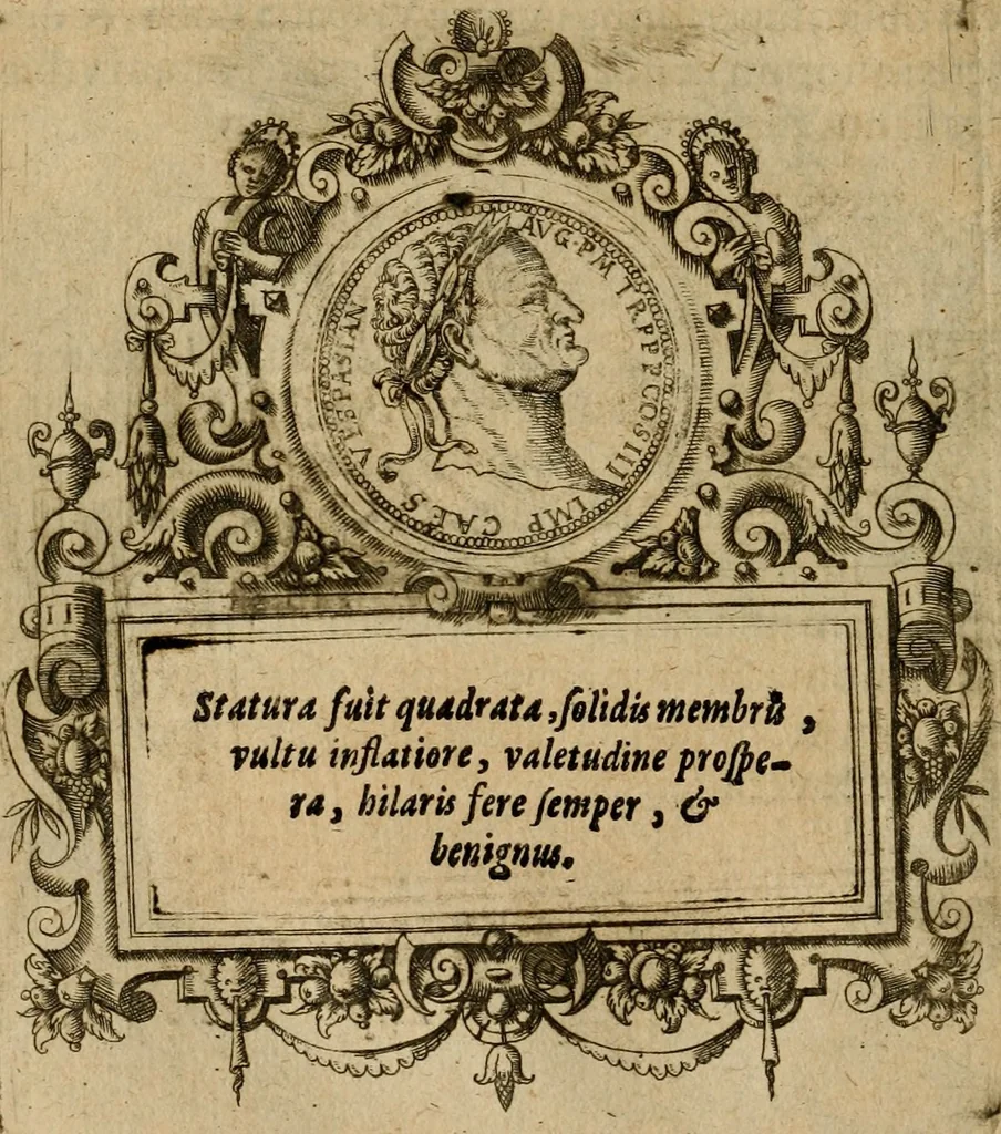 An illustration from XII. primorvm Caesarvm et LXIIII ipsorvm vxorvm et parentum ex antiquis numismatibus, in aere incisae, effigies : atque eorundem earundemque vitae & res gestae, ex varijs authoribus collectae per Levinvm Hvlsivm .., 1597, leaf 179