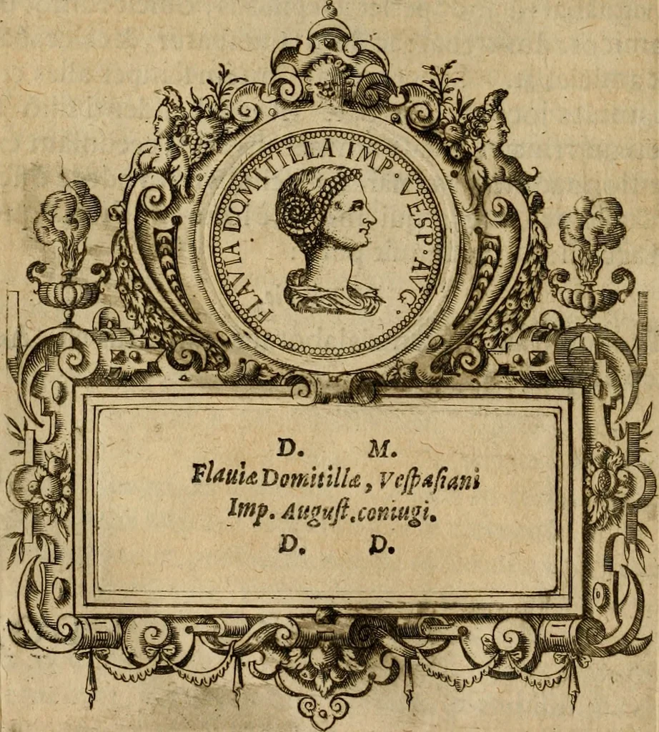 An illustration from XII. primorvm Caesarvm et LXIIII ipsorvm vxorvm et parentum ex antiquis numismatibus, in aere incisae, effigies : atque eorundem earundemque vitae & res gestae, ex varijs authoribus collectae per Levinvm Hvlsivm .., 1597, leaf 183