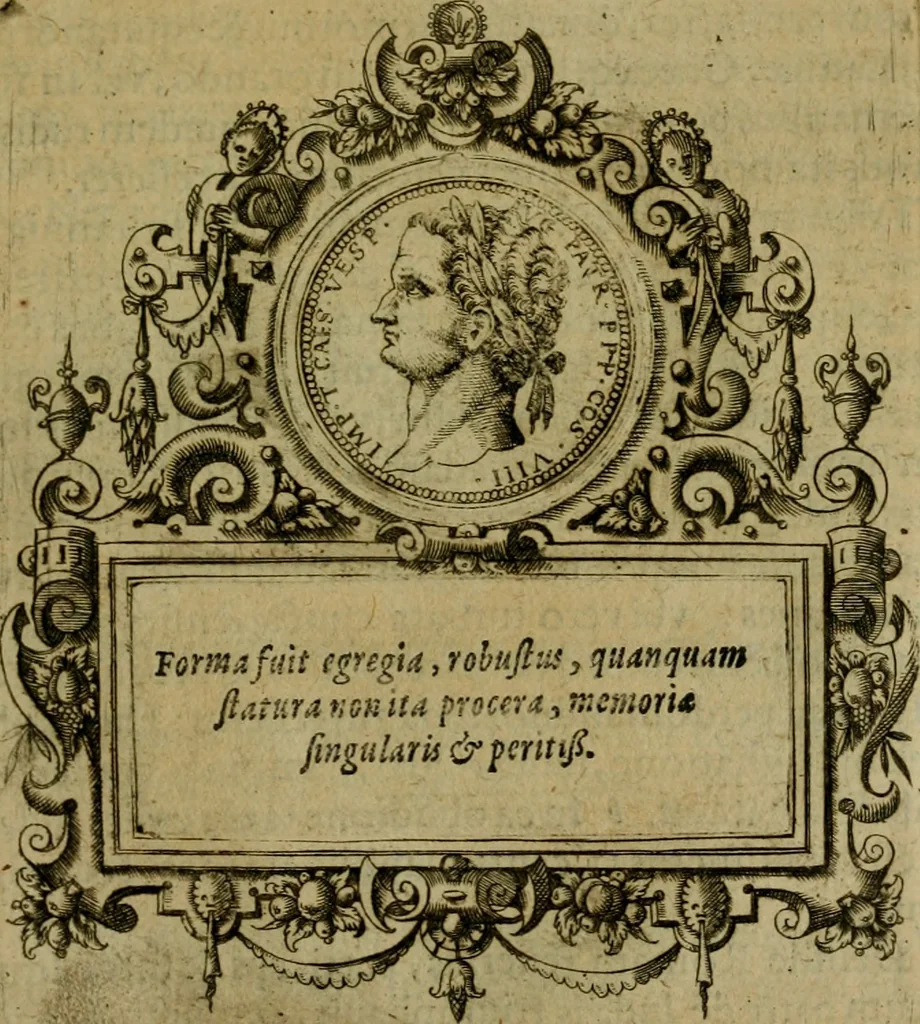 An illustration from XII. primorvm Caesarvm et LXIIII ipsorvm vxorvm et parentum ex antiquis numismatibus, in aere incisae, effigies : atque eorundem earundemque vitae & res gestae, ex varijs authoribus collectae per Levinvm Hvlsivm .., 1597, leaf 190