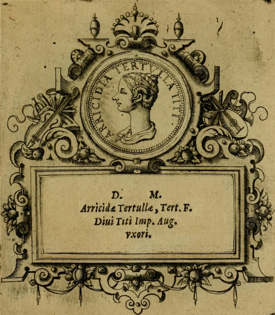 An illustration from XII. primorvm Caesarvm et LXIIII ipsorvm vxorvm et parentum ex antiquis numismatibus, in aere incisae, effigies : atque eorundem earundemque vitae & res gestae, ex varijs authoribus collectae per Levinvm Hvlsivm .., 1597, leaf 194