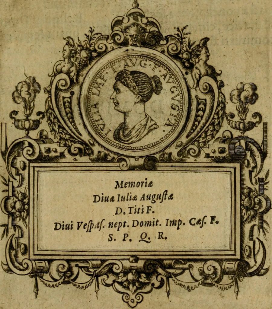 An illustration from XII. primorvm Caesarvm et LXIIII ipsorvm vxorvm et parentum ex antiquis numismatibus, in aere incisae, effigies : atque eorundem earundemque vitae & res gestae, ex varijs authoribus collectae per Levinvm Hvlsivm .., 1597, leaf 206
