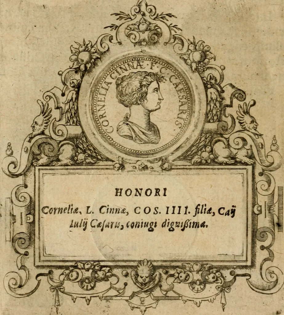 An illustration from XII. primorvm Caesarvm et LXIIII ipsorvm vxorvm et parentum ex antiquis numismatibus, in aere incisae, effigies : atque eorundem earundemque vitae & res gestae, ex varijs authoribus collectae per Levinvm Hvlsivm .., 1597, leaf 21