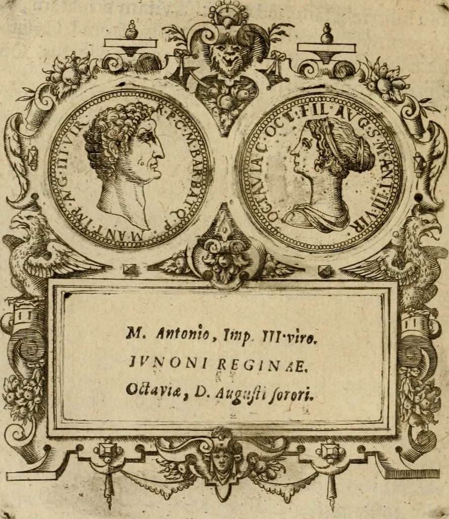 An illustration from XII. primorvm Caesarvm et LXIIII ipsorvm vxorvm et parentum ex antiquis numismatibus, in aere incisae, effigies : atque eorundem earundemque vitae & res gestae, ex varijs authoribus collectae per Levinvm Hvlsivm .., 1597, leaf 33