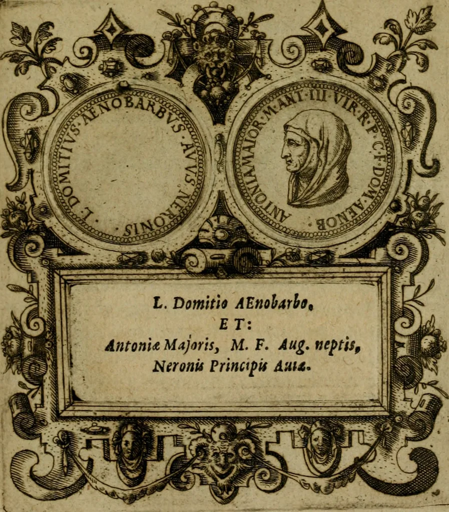 An illustration from XII. primorvm Caesarvm et LXIIII ipsorvm vxorvm et parentum ex antiquis numismatibus, in aere incisae, effigies : atque eorundem earundemque vitae & res gestae, ex varijs authoribus collectae per Levinvm Hvlsivm .., 1597, leaf 36