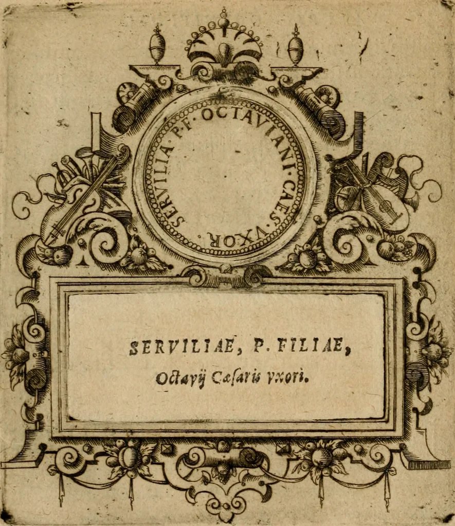 An illustration from XII. primorvm Caesarvm et LXIIII ipsorvm vxorvm et parentum ex antiquis numismatibus, in aere incisae, effigies : atque eorundem earundemque vitae & res gestae, ex varijs authoribus collectae per Levinvm Hvlsivm .., 1597, leaf 41