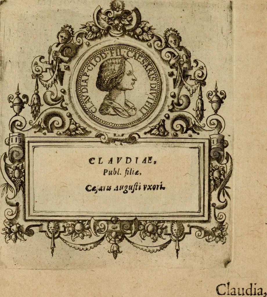 An illustration from XII. primorvm Caesarvm et LXIIII ipsorvm vxorvm et parentum ex antiquis numismatibus, in aere incisae, effigies : atque eorundem earundemque vitae & res gestae, ex varijs authoribus collectae per Levinvm Hvlsivm .., 1597, leaf 43