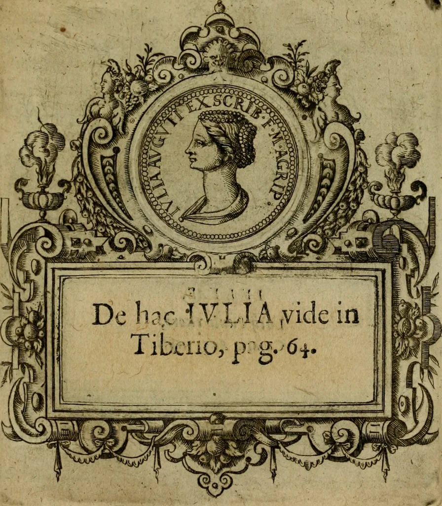 An illustration from XII. primorvm Caesarvm et LXIIII ipsorvm vxorvm et parentum ex antiquis numismatibus, in aere incisae, effigies : atque eorundem earundemque vitae & res gestae, ex varijs authoribus collectae per Levinvm Hvlsivm .., 1597, leaf 48