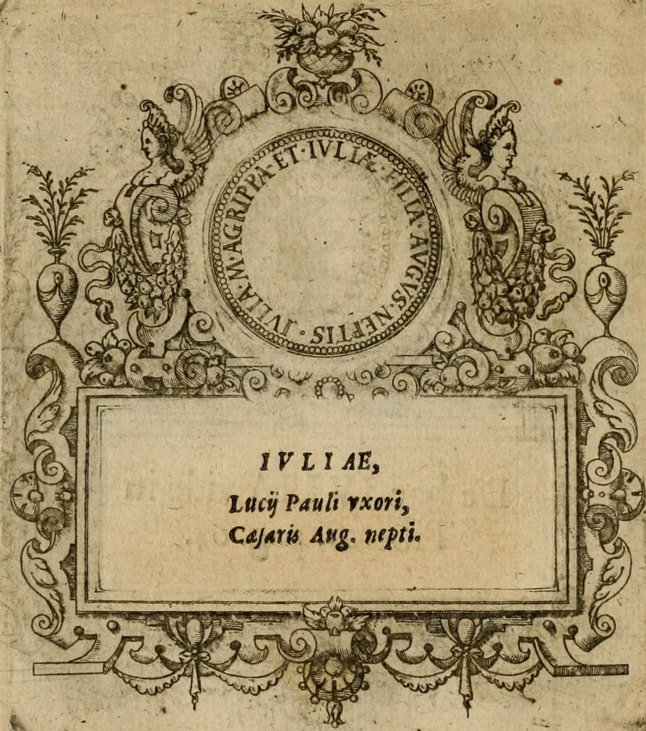 An illustration from XII. primorvm Caesarvm et LXIIII ipsorvm vxorvm et parentum ex antiquis numismatibus, in aere incisae, effigies : atque eorundem earundemque vitae & res gestae, ex varijs authoribus collectae per Levinvm Hvlsivm .., 1597, leaf 49