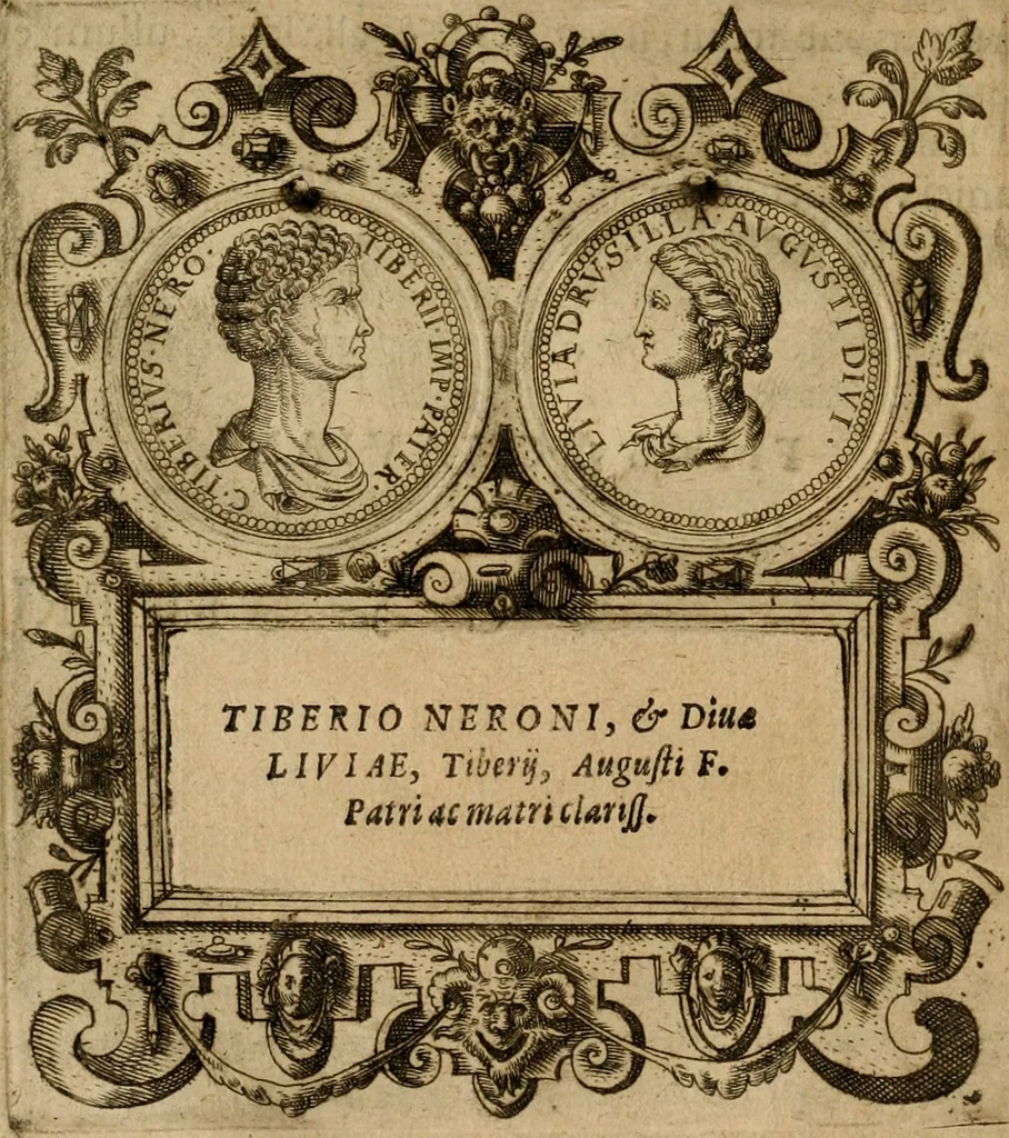 An illustration from XII. primorvm Caesarvm et LXIIII ipsorvm vxorvm et parentum ex antiquis numismatibus, in aere incisae, effigies : atque eorundem earundemque vitae & res gestae, ex varijs authoribus collectae per Levinvm Hvlsivm .., 1597, leaf 55