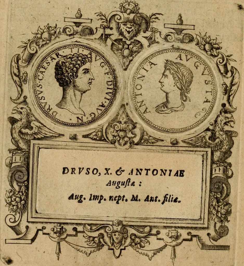 An illustration from XII. primorvm Caesarvm et LXIIII ipsorvm vxorvm et parentum ex antiquis numismatibus, in aere incisae, effigies : atque eorundem earundemque vitae & res gestae, ex varijs authoribus collectae per Levinvm Hvlsivm .., 1597, leaf 57