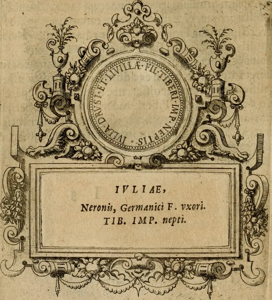 An illustration from XII. primorvm Caesarvm et LXIIII ipsorvm vxorvm et parentum ex antiquis numismatibus, in aere incisae, effigies : atque eorundem earundemque vitae & res gestae, ex varijs authoribus collectae per Levinvm Hvlsivm .., 1597, leaf 71