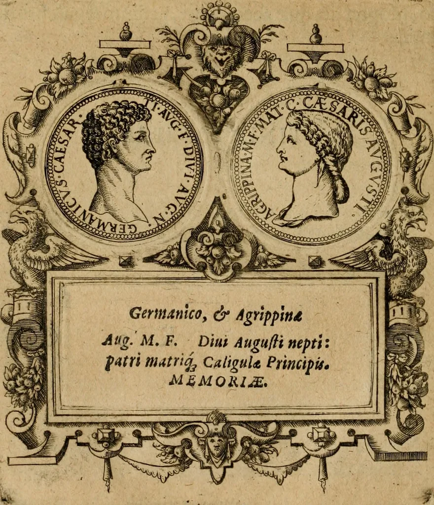 An illustration from XII. primorvm Caesarvm et LXIIII ipsorvm vxorvm et parentum ex antiquis numismatibus, in aere incisae, effigies : atque eorundem earundemque vitae & res gestae, ex varijs authoribus collectae per Levinvm Hvlsivm .., 1597, leaf 77