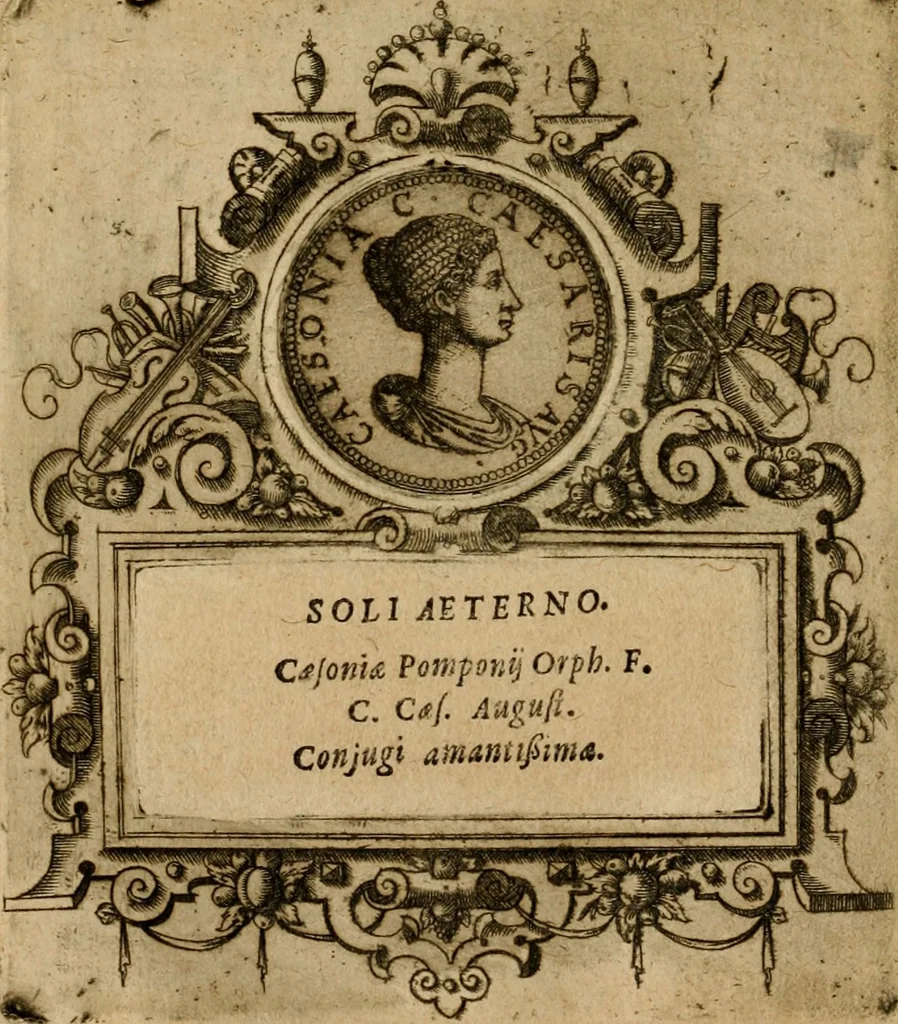 An illustration from XII. primorvm Caesarvm et LXIIII ipsorvm vxorvm et parentum ex antiquis numismatibus, in aere incisae, effigies : atque eorundem earundemque vitae & res gestae, ex varijs authoribus collectae per Levinvm Hvlsivm .., 1597, leaf 99
