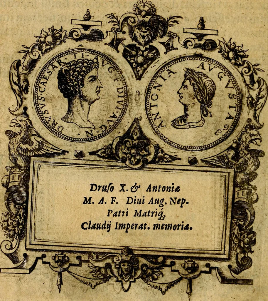 An illustration from XII primorvm Caesarvm et LXIIII. Ipsorvm vxorvm et parentum ex antiquis numismatibus, in aere incisae, effigies: atque eorundem earundemque vitae & res gestae, ex varijs authoribus, 1597, leaf 105