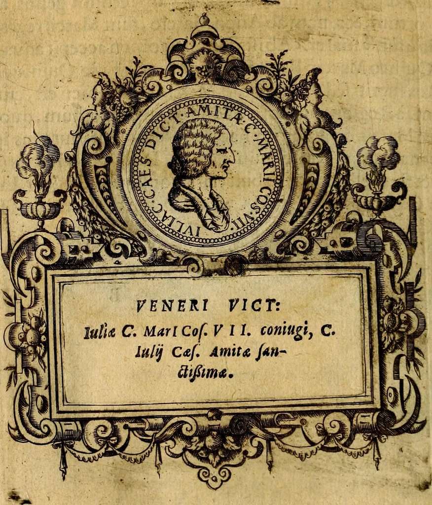 An illustration from XII primorvm Caesarvm et LXIIII. Ipsorvm vxorvm et parentum ex antiquis numismatibus, in aere incisae, effigies: atque eorundem earundemque vitae & res gestae, ex varijs authoribus, 1597, leaf 13