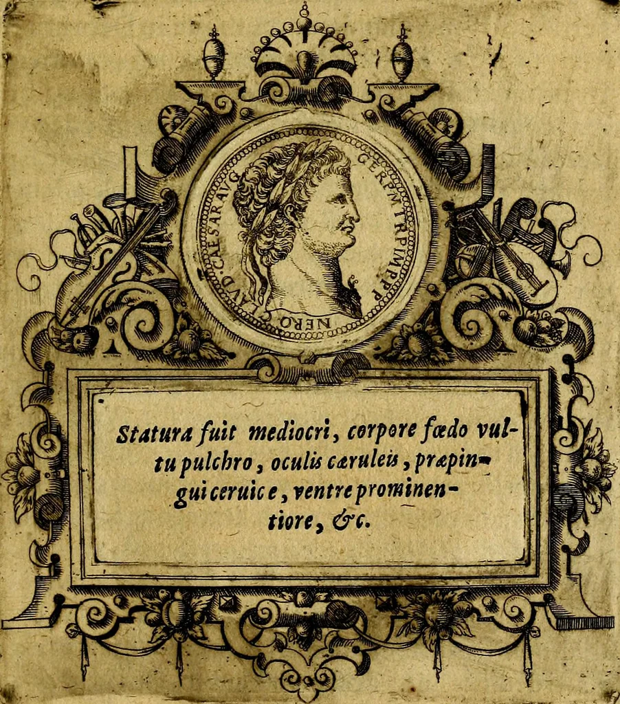 An illustration from XII primorvm Caesarvm et LXIIII. Ipsorvm vxorvm et parentum ex antiquis numismatibus, in aere incisae, effigies: atque eorundem earundemque vitae & res gestae, ex varijs authoribus, 1597, leaf 134
