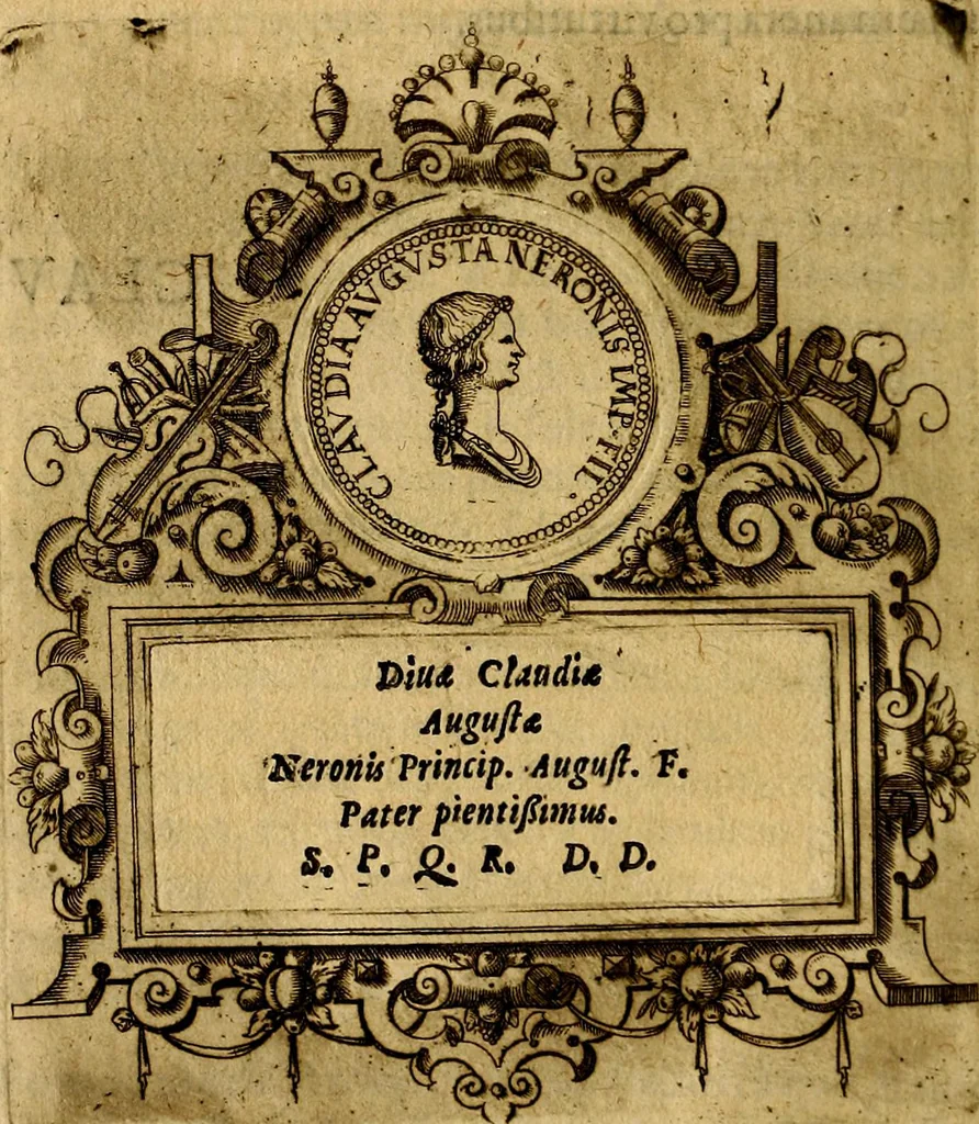 An illustration from XII primorvm Caesarvm et LXIIII. Ipsorvm vxorvm et parentum ex antiquis numismatibus, in aere incisae, effigies: atque eorundem earundemque vitae & res gestae, ex varijs authoribus, 1597, leaf 147