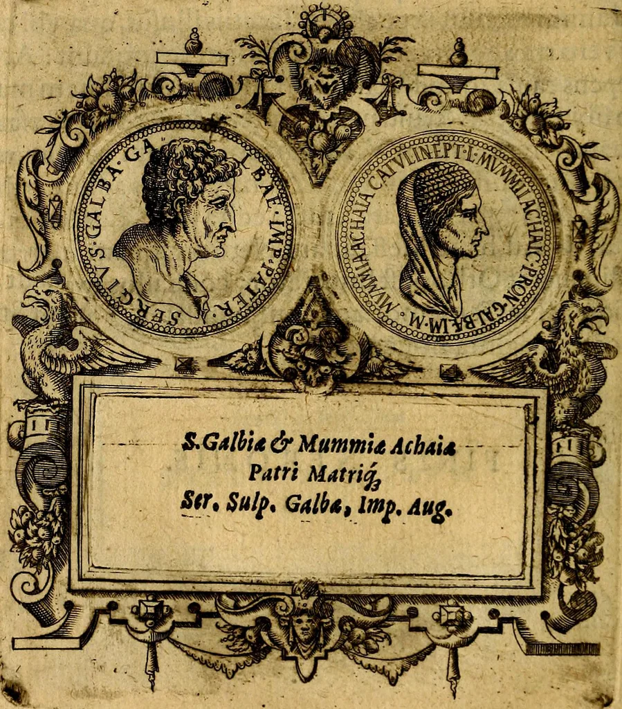 An illustration from XII primorvm Caesarvm et LXIIII. Ipsorvm vxorvm et parentum ex antiquis numismatibus, in aere incisae, effigies: atque eorundem earundemque vitae & res gestae, ex varijs authoribus, 1597, leaf 151
