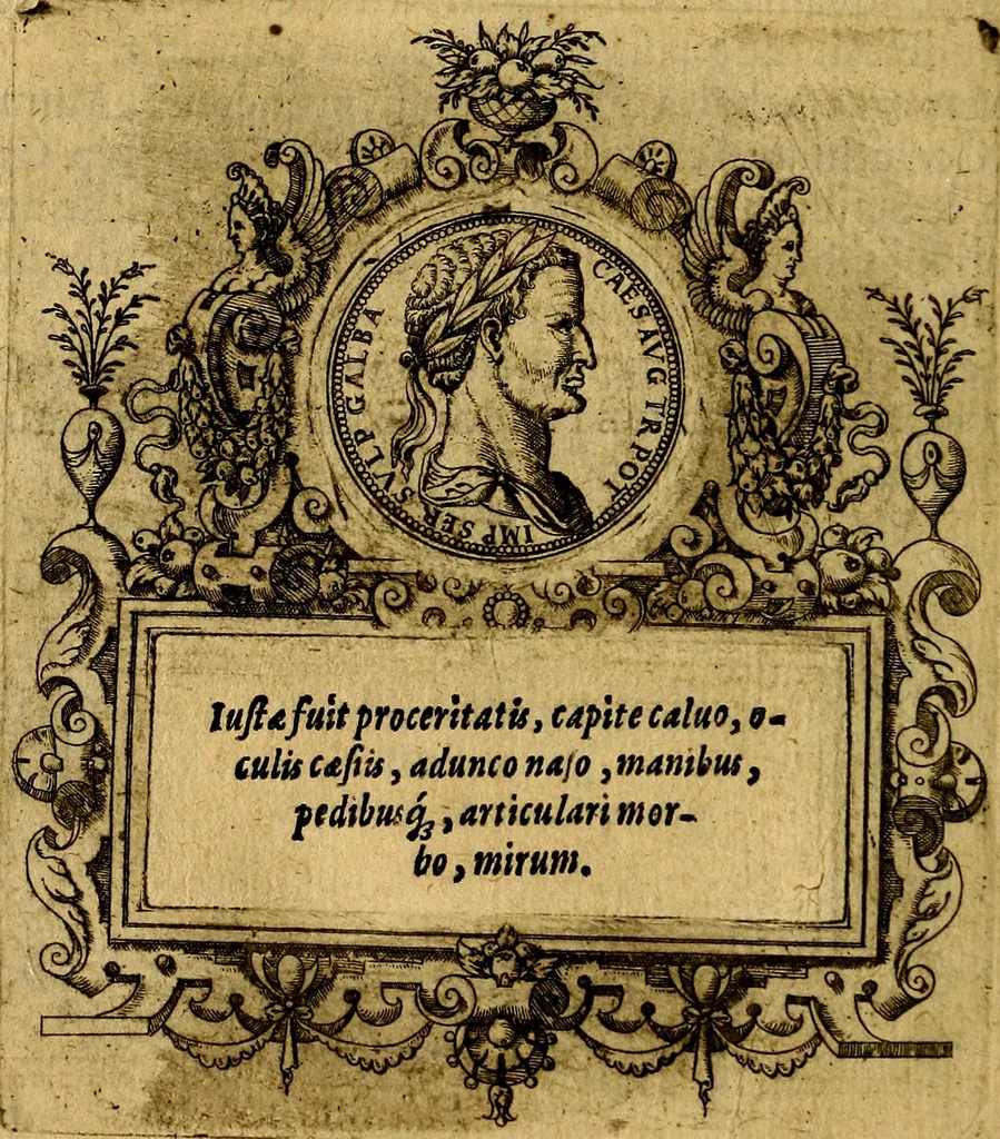 An illustration from XII primorvm Caesarvm et LXIIII. Ipsorvm vxorvm et parentum ex antiquis numismatibus, in aere incisae, effigies: atque eorundem earundemque vitae & res gestae, ex varijs authoribus, 1597, leaf 153