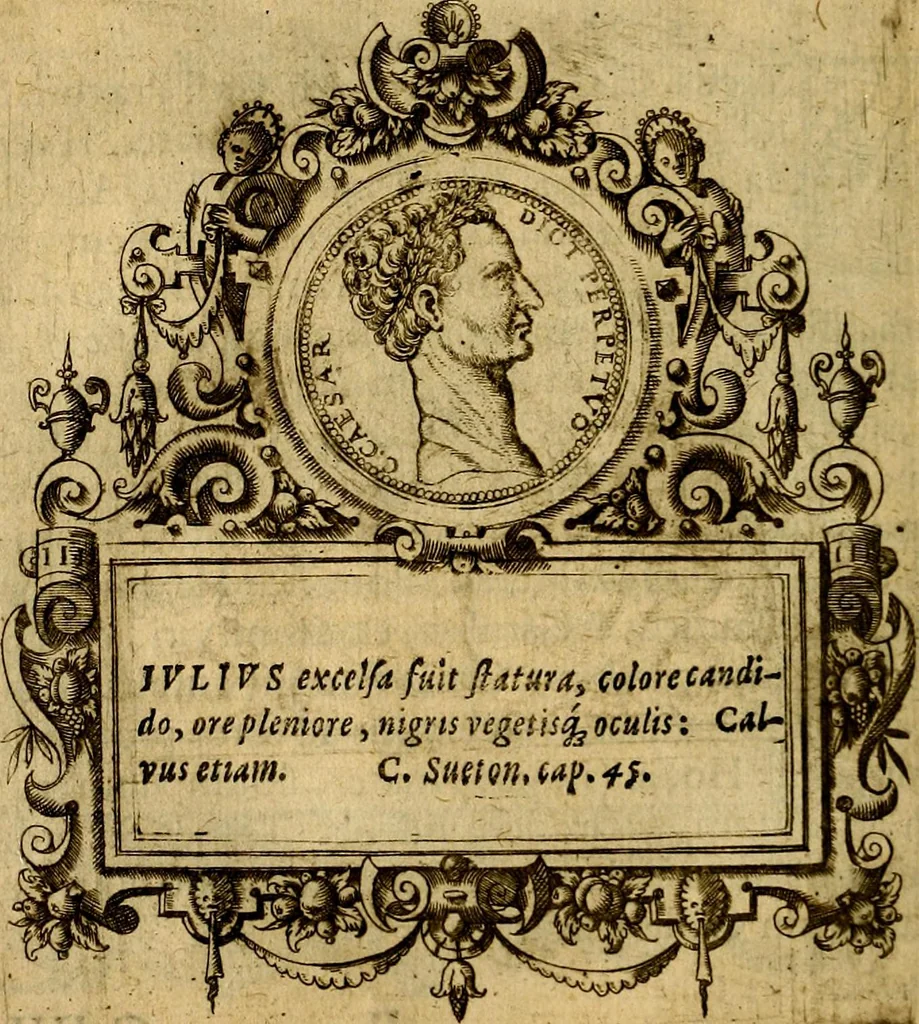 An illustration from XII primorvm Caesarvm et LXIIII. Ipsorvm vxorvm et parentum ex antiquis numismatibus, in aere incisae, effigies: atque eorundem earundemque vitae & res gestae, ex varijs authoribus, 1597, leaf 17