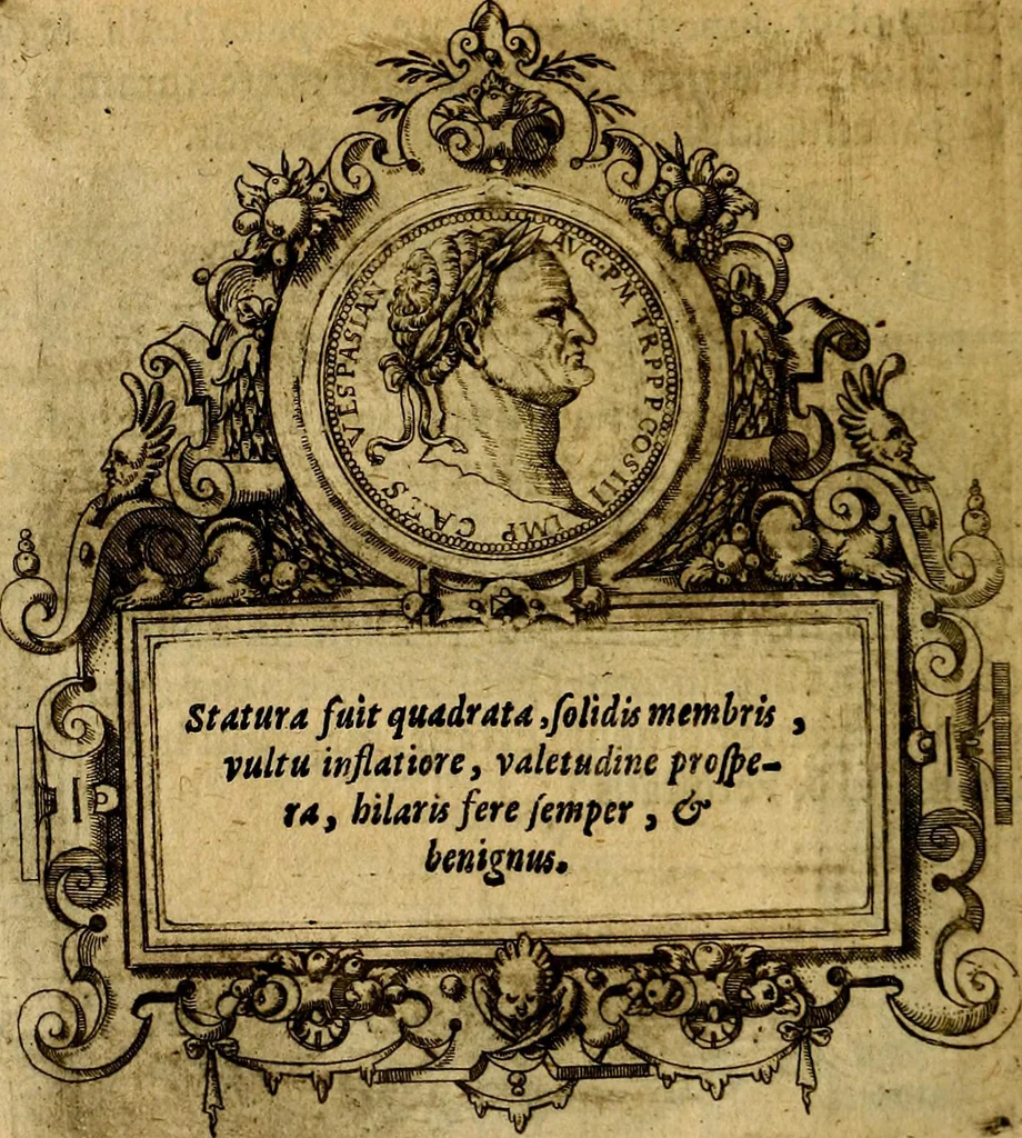 An illustration from XII primorvm Caesarvm et LXIIII. Ipsorvm vxorvm et parentum ex antiquis numismatibus, in aere incisae, effigies: atque eorundem earundemque vitae & res gestae, ex varijs authoribus, 1597, leaf 181