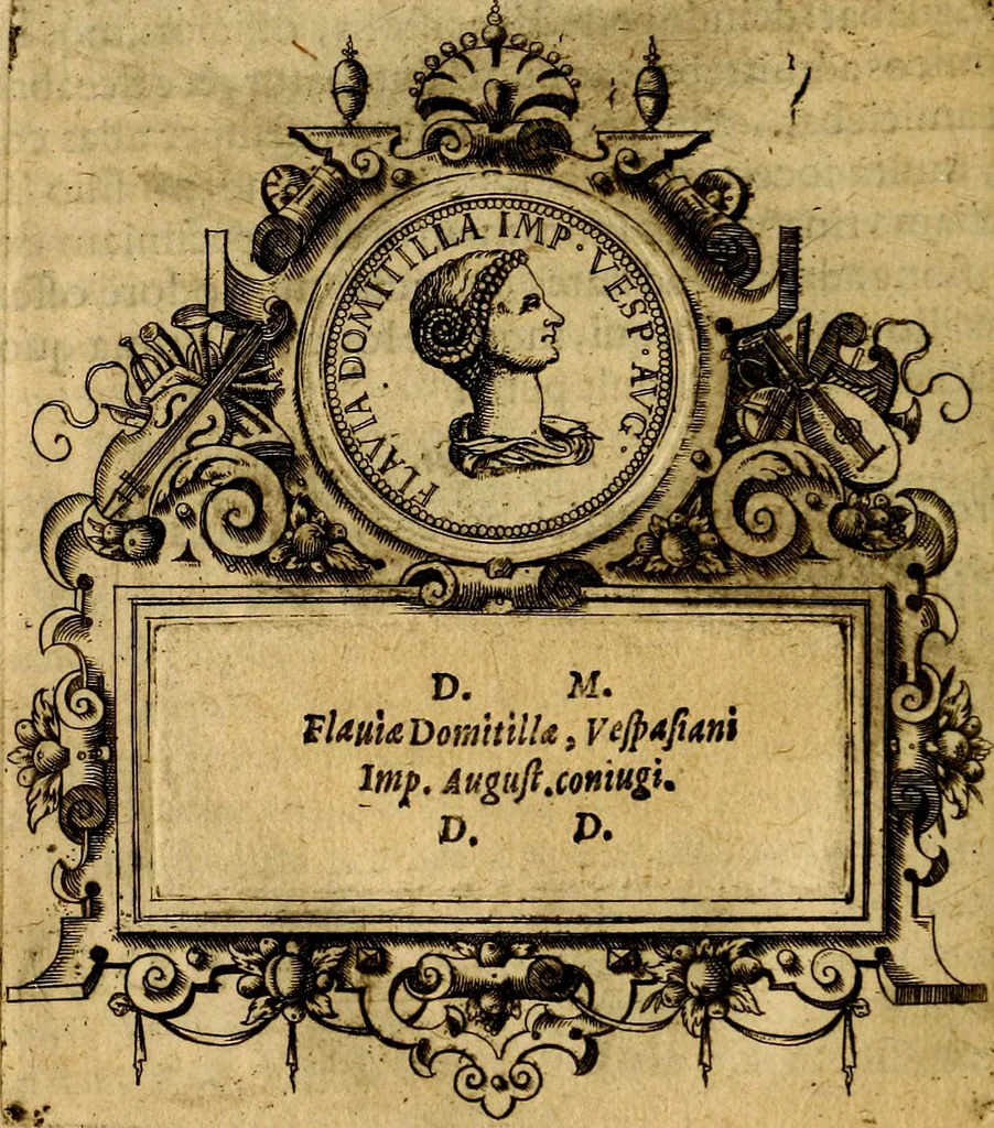 An illustration from XII primorvm Caesarvm et LXIIII. Ipsorvm vxorvm et parentum ex antiquis numismatibus, in aere incisae, effigies: atque eorundem earundemque vitae & res gestae, ex varijs authoribus, 1597, leaf 185
