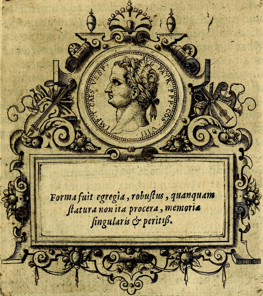 An illustration from XII primorvm Caesarvm et LXIIII. Ipsorvm vxorvm et parentum ex antiquis numismatibus, in aere incisae, effigies: atque eorundem earundemque vitae & res gestae, ex varijs authoribus, 1597, leaf 192