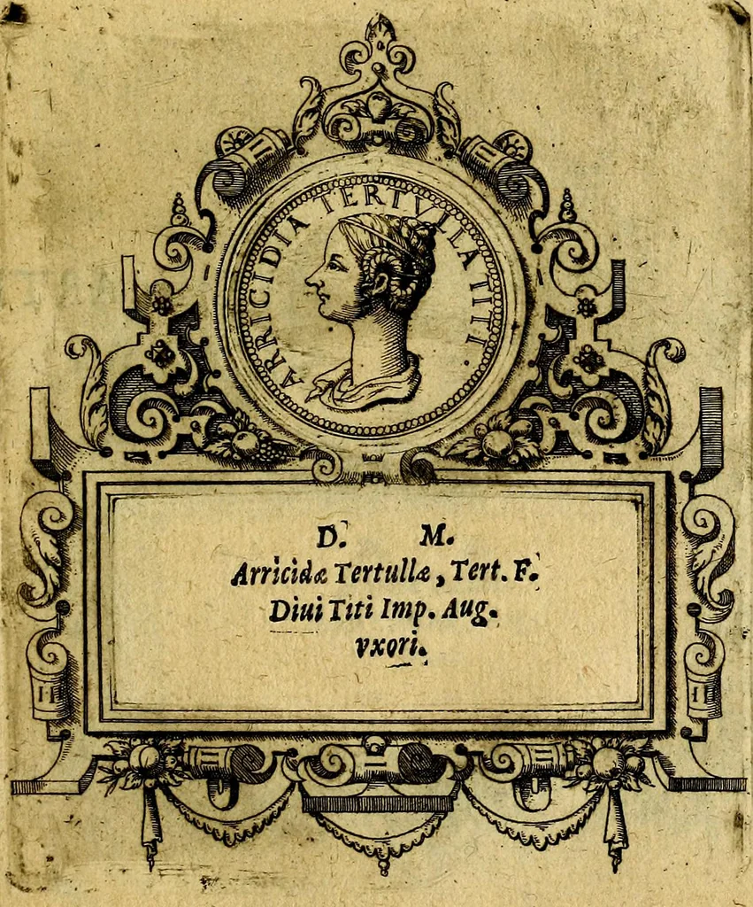 An illustration from XII primorvm Caesarvm et LXIIII. Ipsorvm vxorvm et parentum ex antiquis numismatibus, in aere incisae, effigies: atque eorundem earundemque vitae & res gestae, ex varijs authoribus, 1597, leaf 196