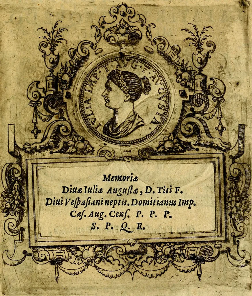 An illustration from XII primorvm Caesarvm et LXIIII. Ipsorvm vxorvm et parentum ex antiquis numismatibus, in aere incisae, effigies: atque eorundem earundemque vitae & res gestae, ex varijs authoribus, 1597, leaf 200