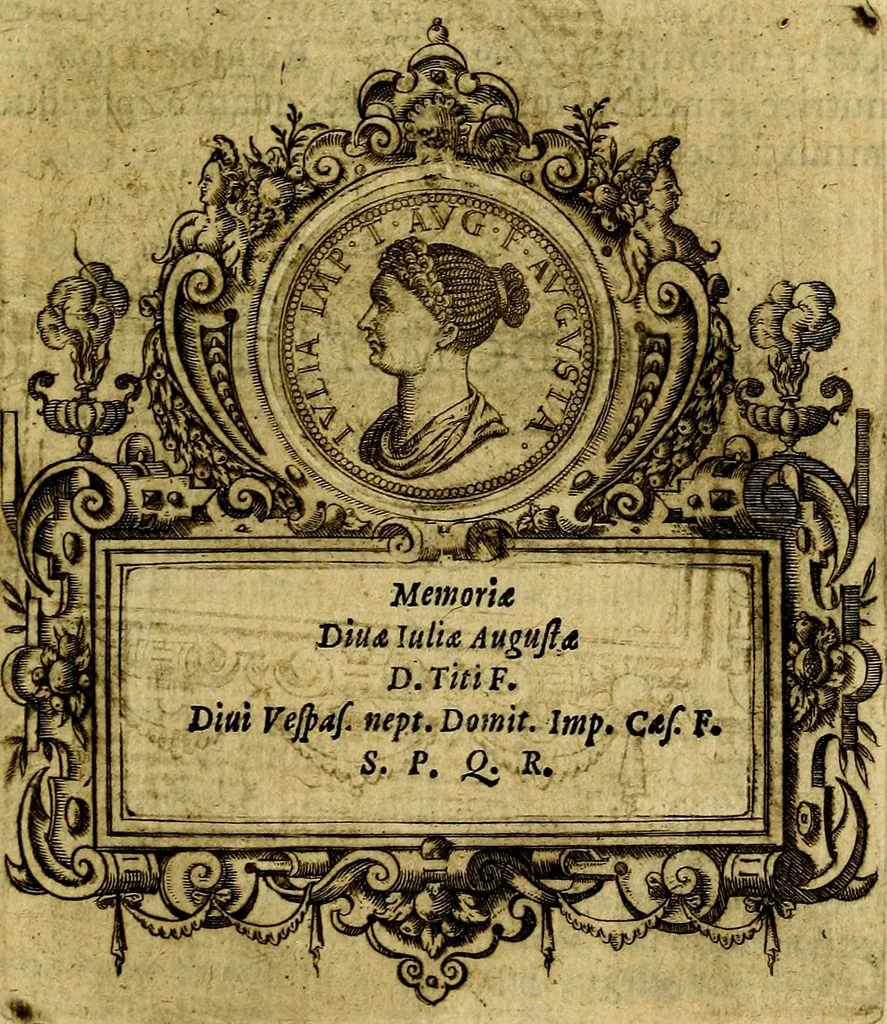 An illustration from XII primorvm Caesarvm et LXIIII. Ipsorvm vxorvm et parentum ex antiquis numismatibus, in aere incisae, effigies: atque eorundem earundemque vitae & res gestae, ex varijs authoribus, 1597, leaf 208