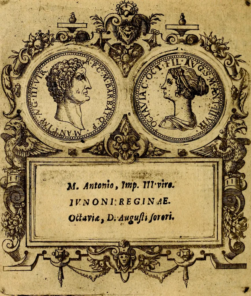 An illustration from XII primorvm Caesarvm et LXIIII. Ipsorvm vxorvm et parentum ex antiquis numismatibus, in aere incisae, effigies: atque eorundem earundemque vitae & res gestae, ex varijs authoribus, 1597, leaf 35