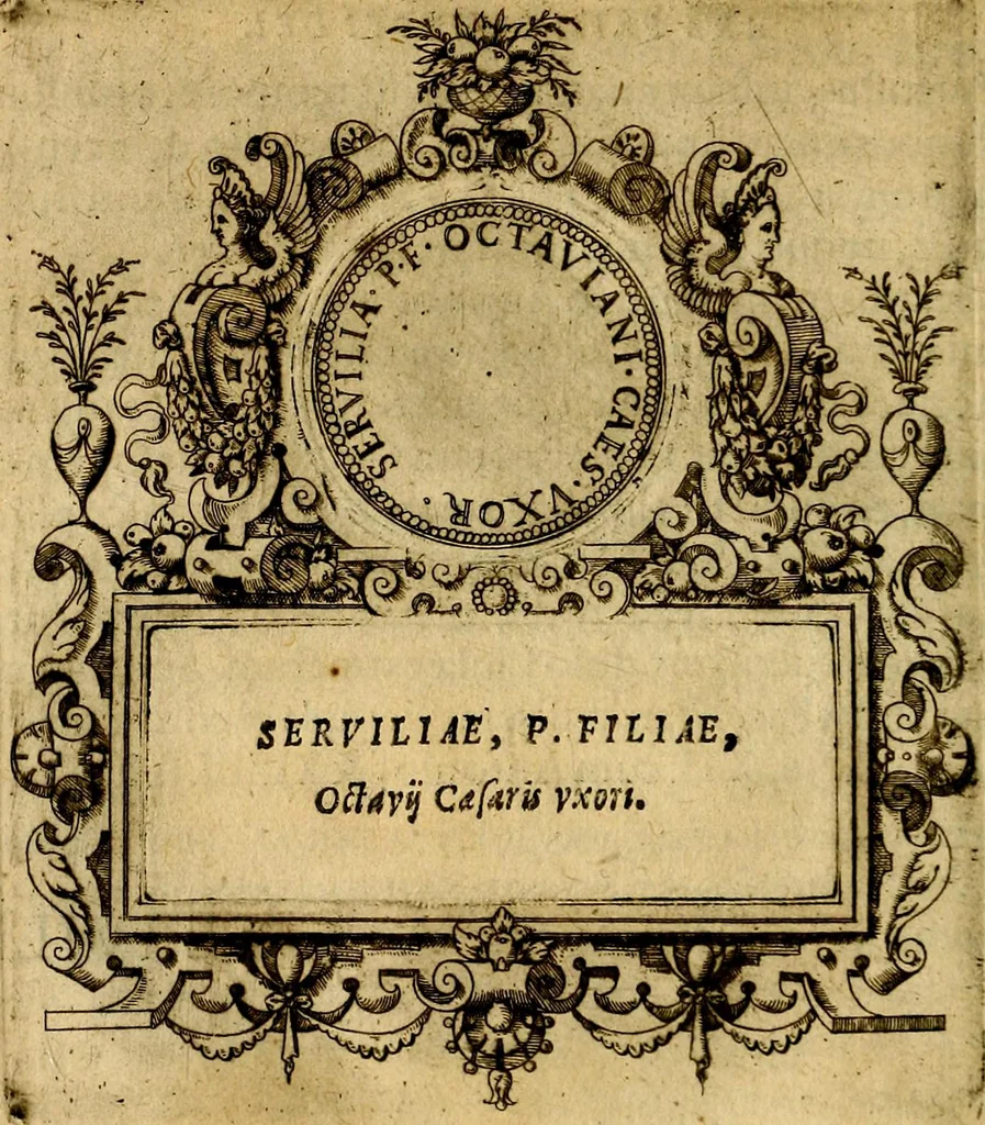 An illustration from XII primorvm Caesarvm et LXIIII. Ipsorvm vxorvm et parentum ex antiquis numismatibus, in aere incisae, effigies: atque eorundem earundemque vitae & res gestae, ex varijs authoribus, 1597, leaf 43