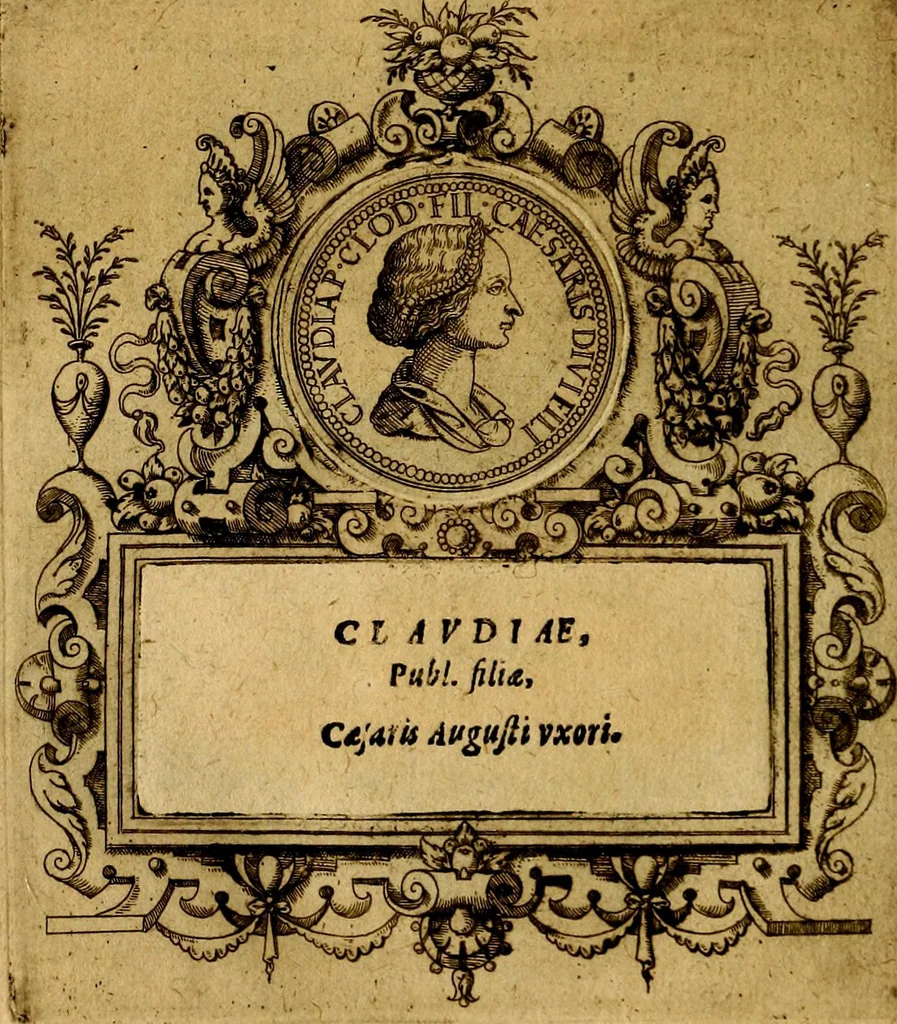 An illustration from XII primorvm Caesarvm et LXIIII. Ipsorvm vxorvm et parentum ex antiquis numismatibus, in aere incisae, effigies: atque eorundem earundemque vitae & res gestae, ex varijs authoribus, 1597, leaf 45