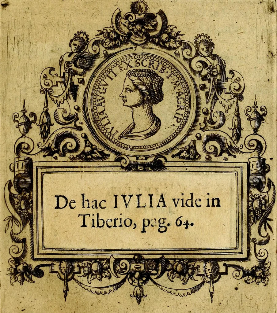An illustration from XII primorvm Caesarvm et LXIIII. Ipsorvm vxorvm et parentum ex antiquis numismatibus, in aere incisae, effigies: atque eorundem earundemque vitae & res gestae, ex varijs authoribus, 1597, leaf 50