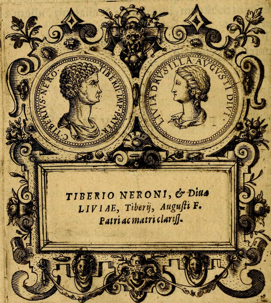 An illustration from XII primorvm Caesarvm et LXIIII. Ipsorvm vxorvm et parentum ex antiquis numismatibus, in aere incisae, effigies: atque eorundem earundemque vitae & res gestae, ex varijs authoribus, 1597, leaf 57