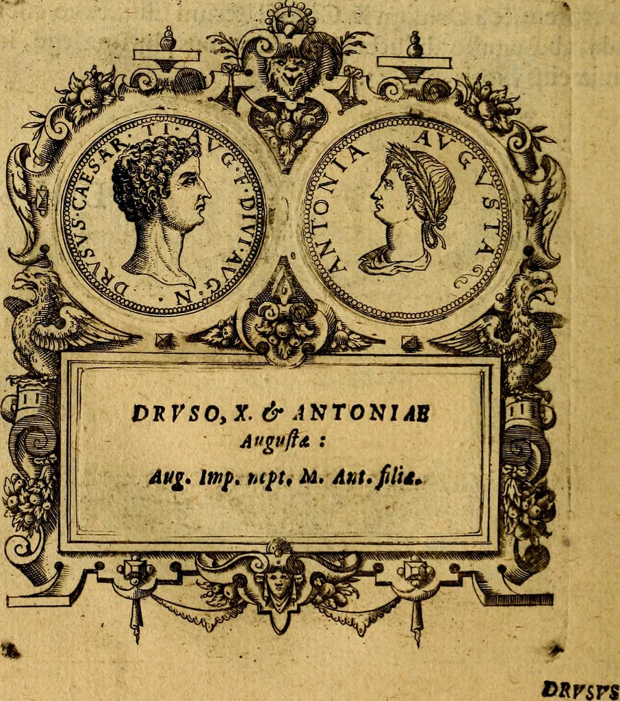 An illustration from XII primorvm Caesarvm et LXIIII. Ipsorvm vxorvm et parentum ex antiquis numismatibus, in aere incisae, effigies: atque eorundem earundemque vitae & res gestae, ex varijs authoribus, 1597, leaf 59