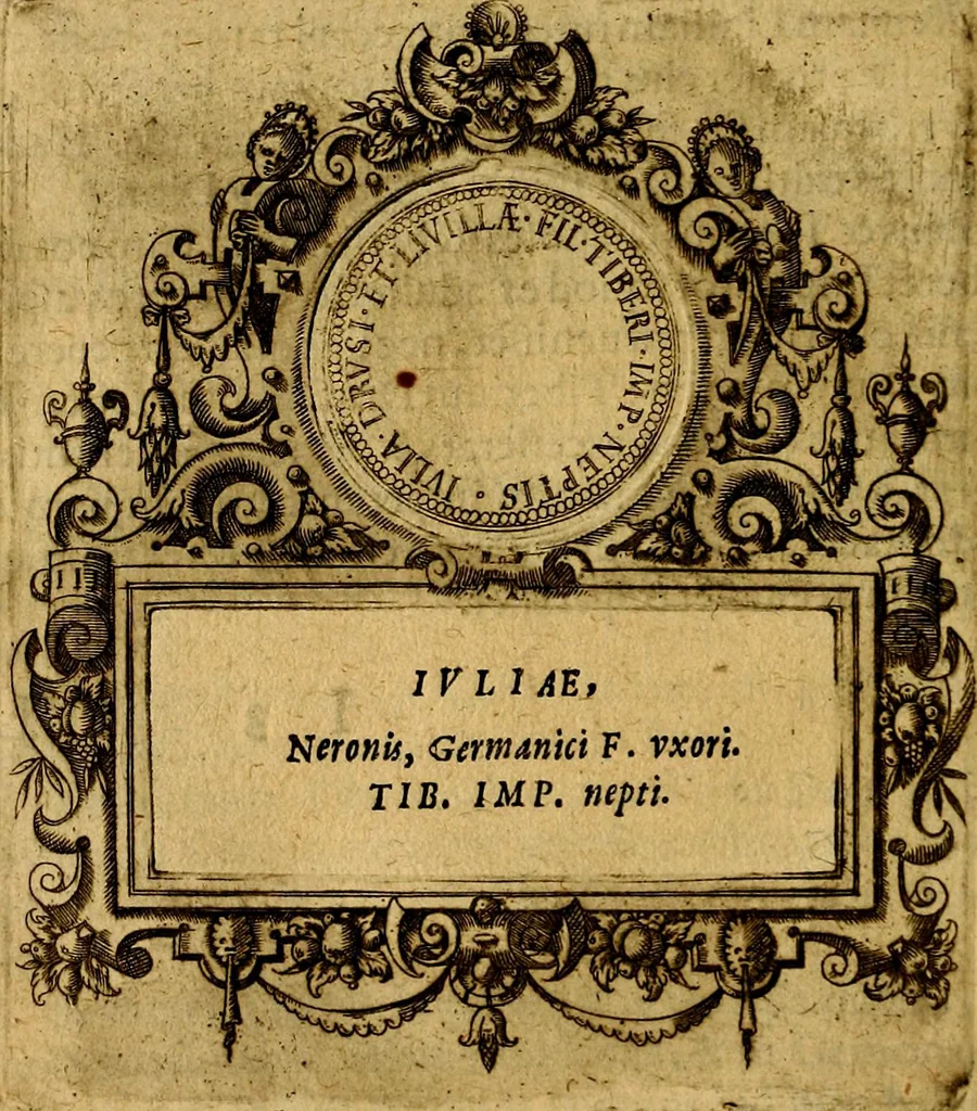 An illustration from XII primorvm Caesarvm et LXIIII. Ipsorvm vxorvm et parentum ex antiquis numismatibus, in aere incisae, effigies: atque eorundem earundemque vitae & res gestae, ex varijs authoribus, 1597, leaf 73