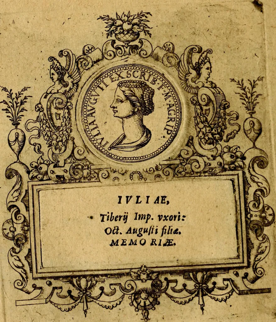 An illustration from XII primorvm Caesarvm et LXIIII. Ipsorvm vxorvm et parentum ex antiquis numismatibus, in aere incisae, effigies: atque eorundem earundemque vitae & res gestae, ex varijs authoribus, 1597, leaf 75