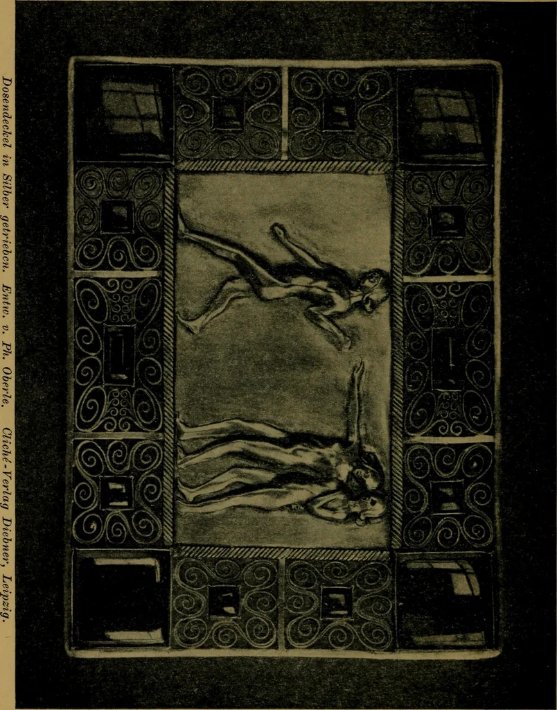 An illustration from XIV [i.e. Vierzehnter] Verbandstag Verband deutscher Juweliere, Gold- & Silberschmiede Strassburg, vom 7.-11. August 1914 : verbunden mit einer Ausstellung alter & neuer Goldschmiedearbeiten und Uhren, 1914, leaf 95
