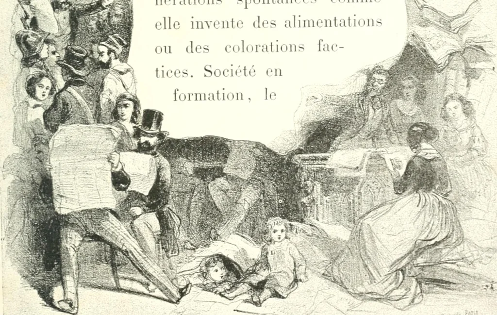 An illustration from XIXe [i.e. Dix-neuvième] siècle (en France); classes - moeurs - usages - costumes - inventions. Ouvrage illustré d'un front. chromotypographique, de 16 planches coloriées aux patrons, de 36 entetes et lettres ornées et de 487 gravures (dont 24 tirées hors texte) d'après les principaux artistes du siècle, 1893, leaf 22