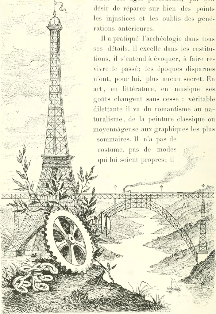 An illustration from XIXe [i.e. Dix-neuvième] siècle (en France); classes - moeurs - usages - costumes - inventions. Ouvrage illustré d'un front. chromotypographique, de 16 planches coloriées aux patrons, de 36 entetes et lettres ornées et de 487 gravures (dont 24 tirées hors texte) d'après les principaux artistes du siècle, 1893, leaf 45