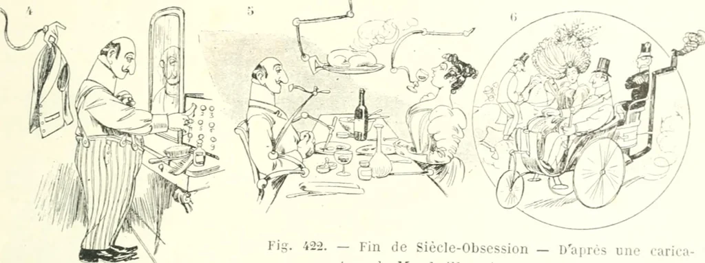 An illustration from XIXe [i.e. Dix-neuvième] siècle (en France); classes - moeurs - usages - costumes - inventions. Ouvrage illustré d'un front. chromotypographique, de 16 planches coloriées aux patrons, de 36 entetes et lettres ornées et de 487 gravures (dont 24 tirées hors texte) d'après les principaux artistes du siècle, 1893, leaf 764