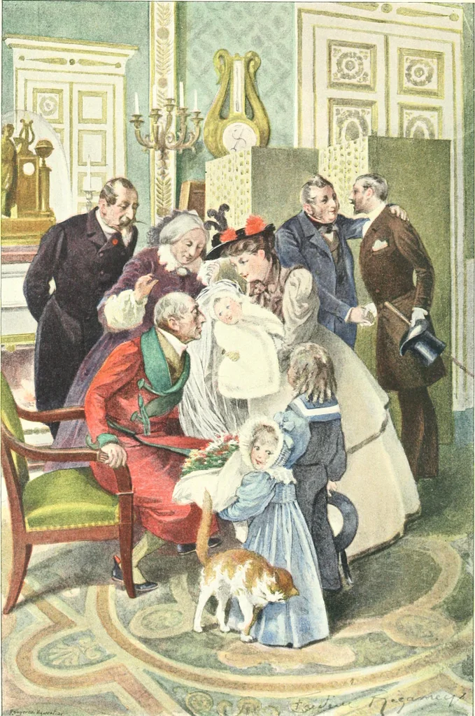 An illustration from XIXe [i.e. Dix-neuvième] siècle (en France); classes - moeurs - usages - costumes - inventions. Ouvrage illustré d'un front. chromotypographique, de 16 planches coloriées aux patrons, de 36 entetes et lettres ornées et de 487 gravures (dont 24 tirées hors texte) d'après les principaux artistes du siècle, 1893, leaf 9