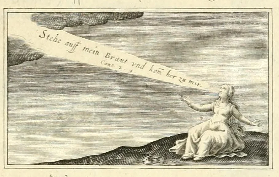 An illustration from XXV schöne ausserlesene Figuren vnd hohe Lehren von der begnadeten liebhabenden Seele, nemlich der Christlichen Kirchen vnd jhre[m] Gemahl Jesu Christo, leaf 107