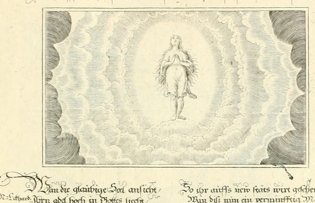 An illustration from XXV schöne ausserlesene Figuren vnd hohe Lehren von der begnadeten liebhabenden Seele, nemlich der Christlichen Kirchen vnd jhre[m] Gemahl Jesu Christo, leaf 97