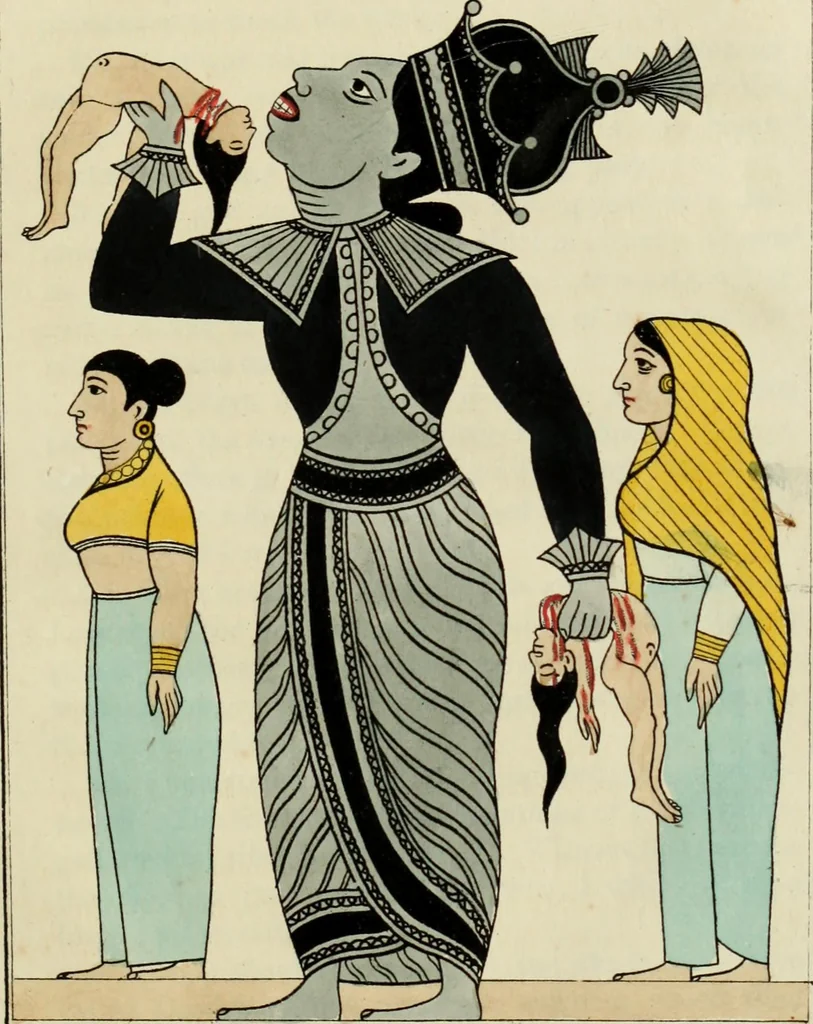 An illustration from Yakkun nattannaw: a Cingalese poem, descriptive of the Ceylon system of demonology; to which is appended, The practices of a Capua or devil priest; as described by a Budhist and Klan nattannaw: a Cingalese poem, descriptive of the characters assumed by natives of Ceylon in a masquerade. Translated by John Callaway, 1829, leaf 24