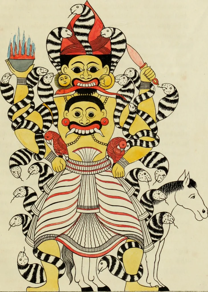 An illustration from Yakkun nattannaw: a Cingalese poem, descriptive of the Ceylon system of demonology; to which is appended, The practices of a Capua or devil priest; as described by a Budhist and Klan nattannaw: a Cingalese poem, descriptive of the characters assumed by natives of Ceylon in a masquerade. Translated by John Callaway, 1829, leaf 36