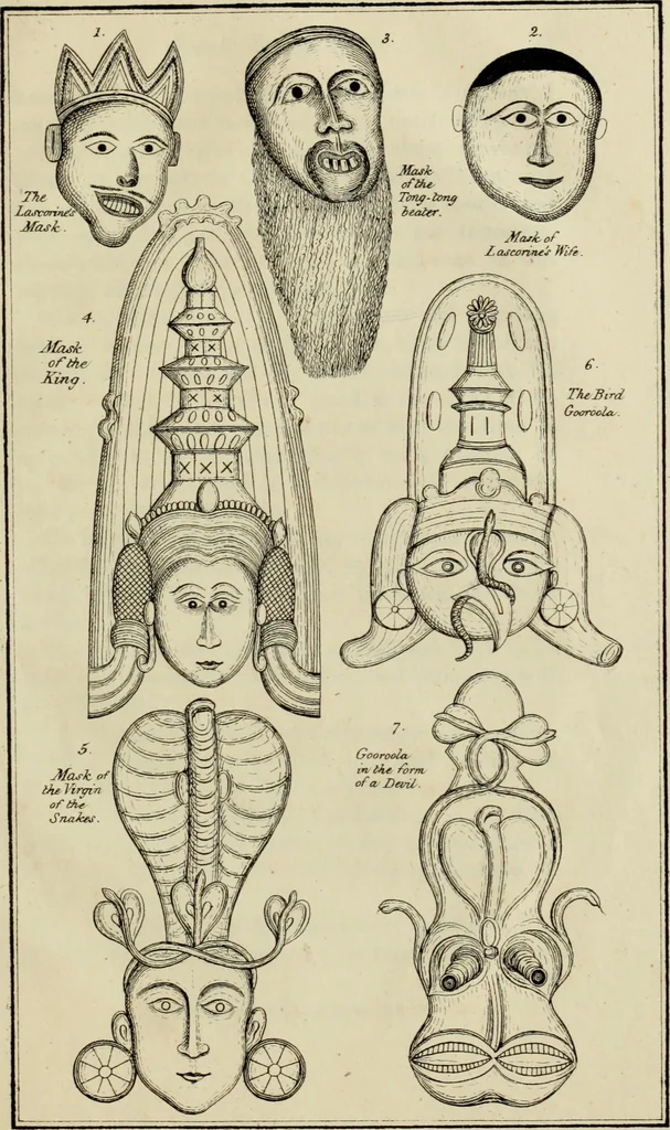 An illustration from Yakkun nattannaw: a Cingalese poem, descriptive of the Ceylon system of demonology; to which is appended, The practices of a Capua or devil priest; as described by a Budhist and Klan nattannaw: a Cingalese poem, descriptive of the characters assumed by natives of Ceylon in a masquerade. Translated by John Callaway, 1829, leaf 70