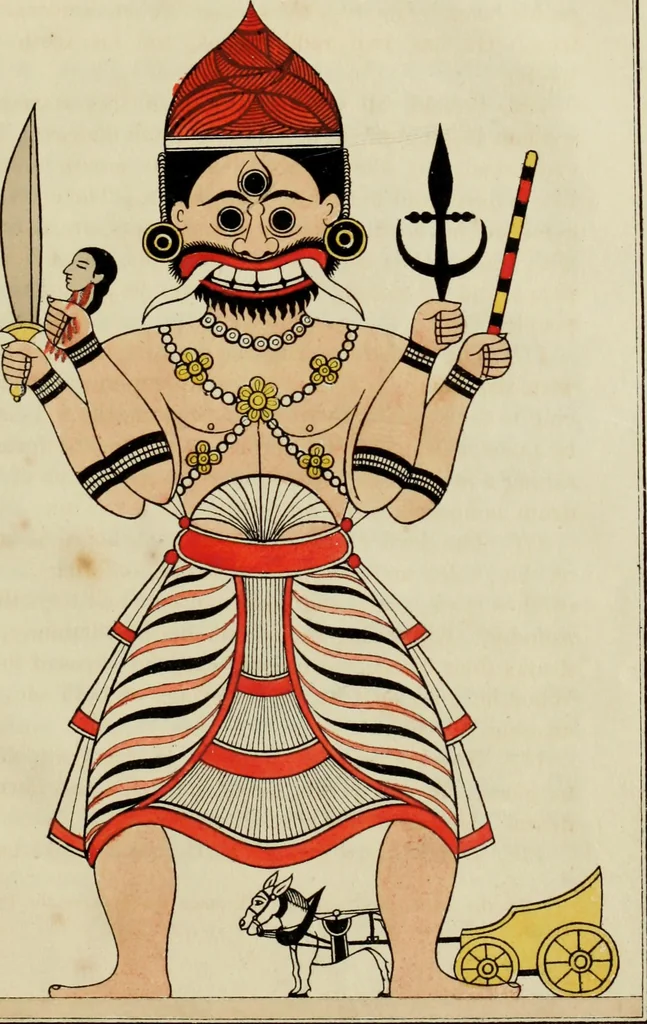 An illustration from Yakkun nattannaw: a Cingalese poem, descriptive of the Ceylon system of demonology; to which is appended, The practices of a Capua or devil priest; as described by a Budhist and Klan nattannaw: a Cingalese poem, descriptive of the characters assumed by natives of Ceylon in a masquerade. Translated by John Callaway, 1829, leaf 94